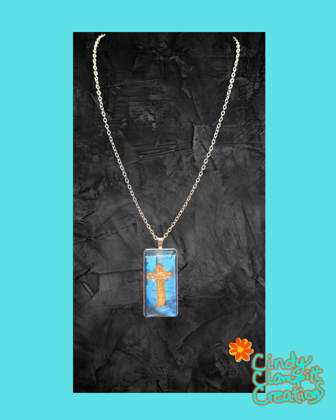 Rectangle Necklace - Gold Cross in Blue