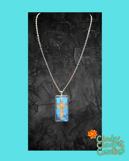 Rectangle Necklace - Gold Cross in Blue