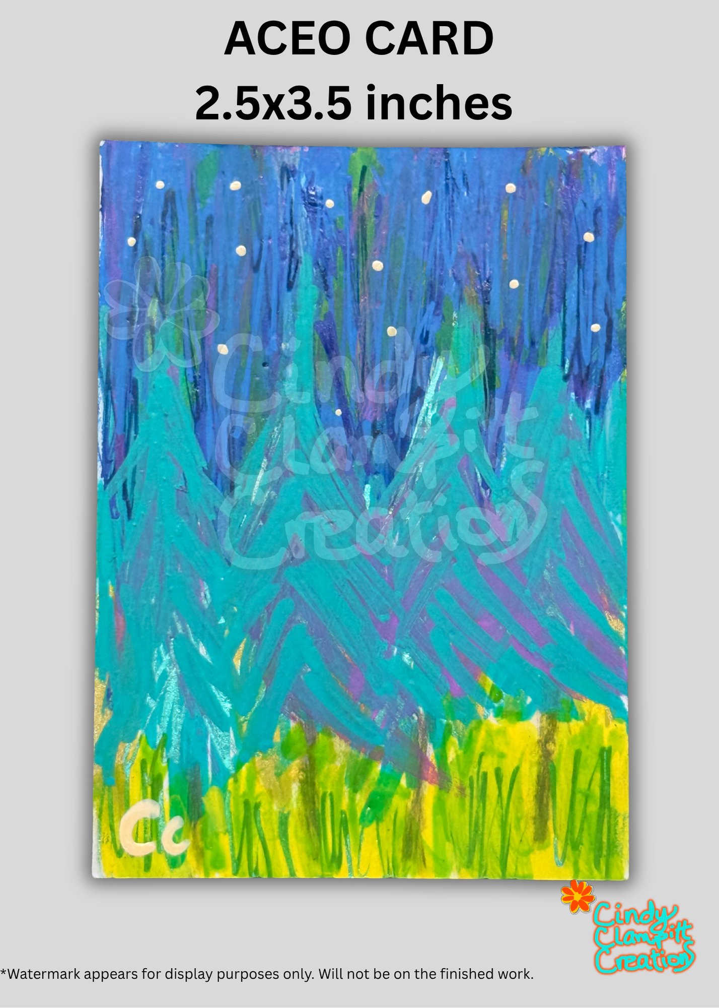 An ACEO card featuring an abstract landscape painting with blue and green trees, yellow grass, and white stars, shown on a light gray background with text indicating its size as 2.5x3.