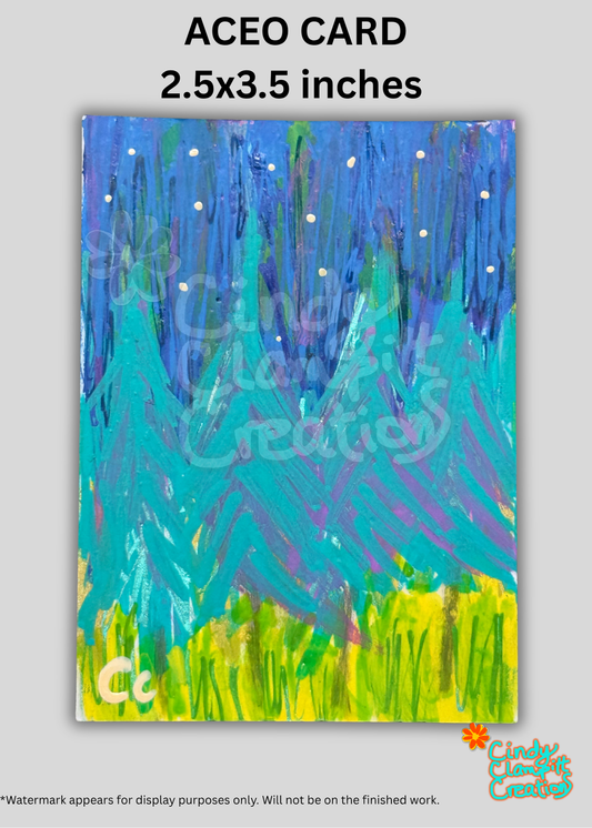 An ACEO card featuring an abstract landscape painting with blue and green trees, yellow grass, and white stars, shown on a light gray background with text indicating its size as 2.5x3.