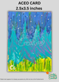 An ACEO card featuring an abstract landscape painting with blue and green trees, yellow grass, and white stars, shown on a light gray background with text indicating its size as 2.5x3.
