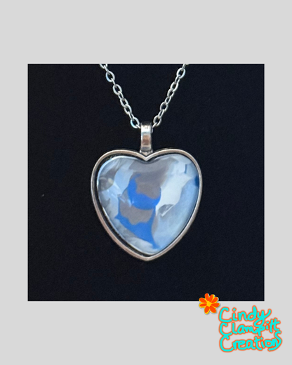Silver & Sky Heart Necklace — Hand-Painted Wearable Art