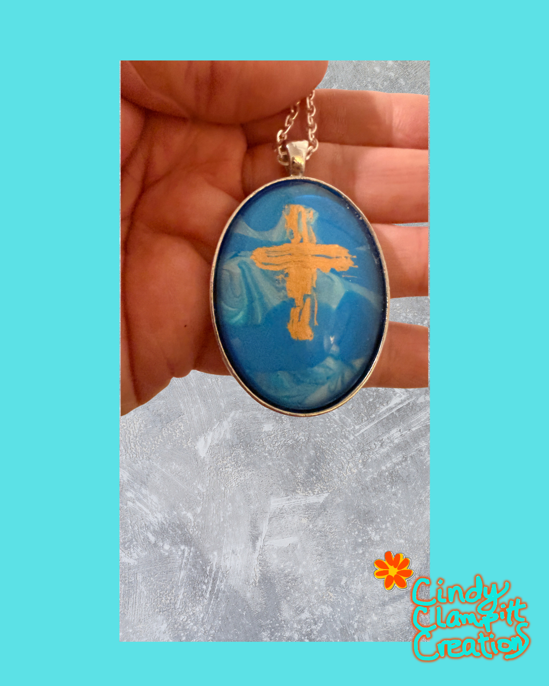 Gold Cross in Blue - Oval