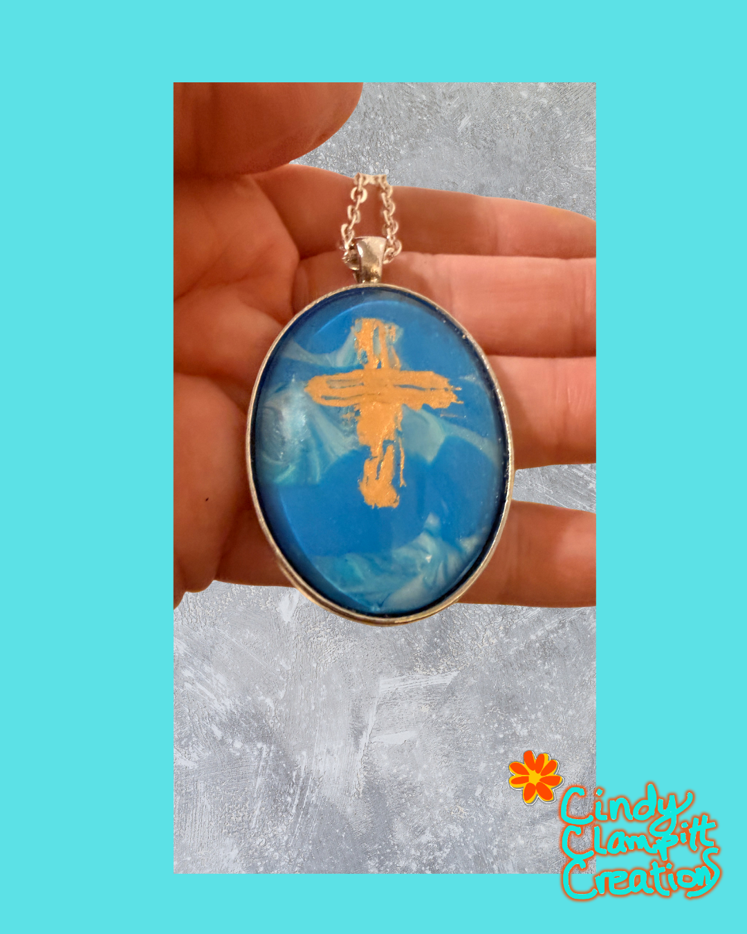 Gold Cross in Blue - Oval