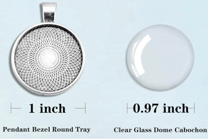 A product information graphic showing a round silver pendant bezel tray and a clear glass cabochon dome. The silver tray has a detailed circular filigree pattern and is labeled '1 inch'.