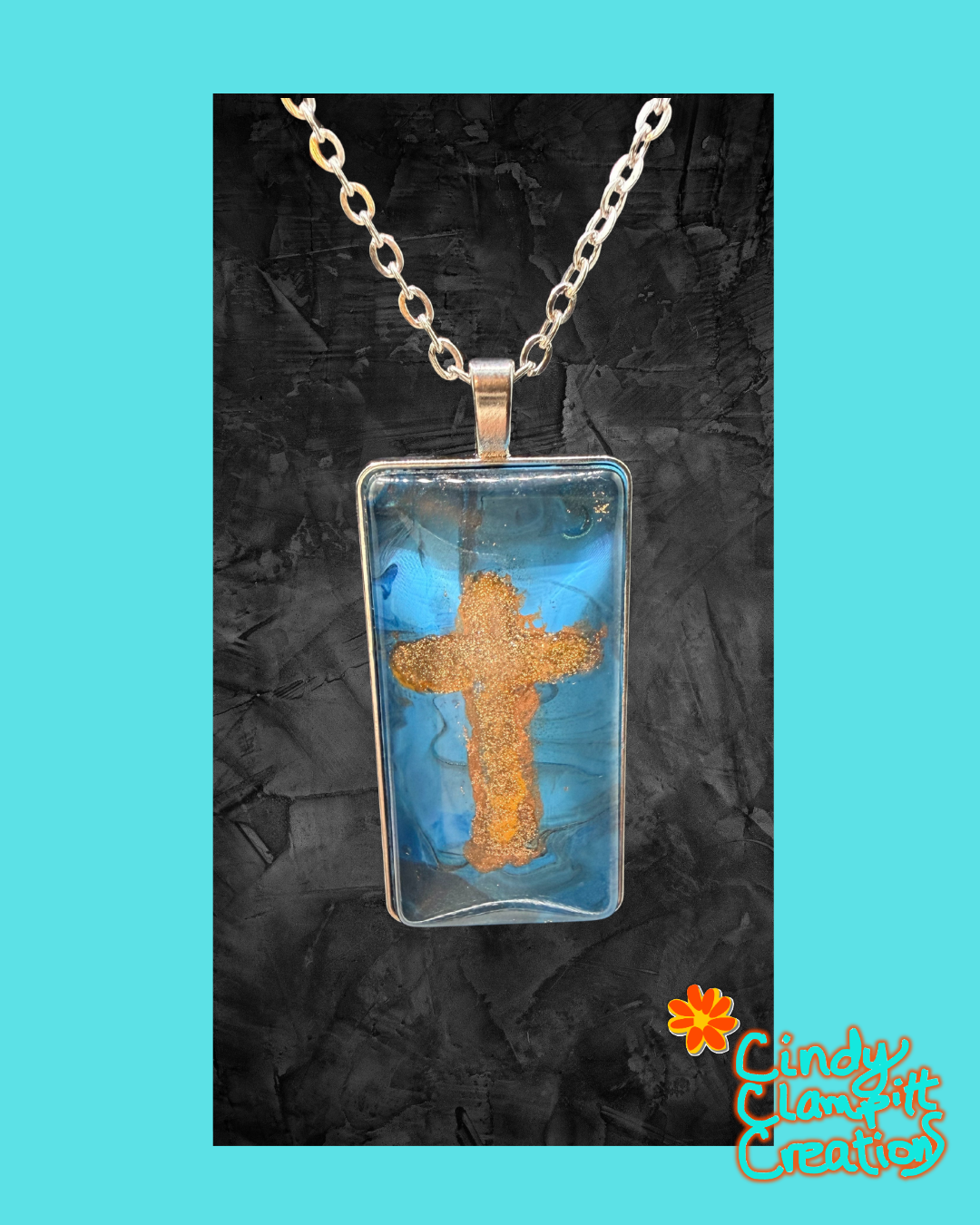 Rectangle Necklace - Gold Cross in Blue