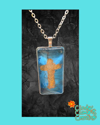 Rectangle Necklace - Gold Cross in Blue