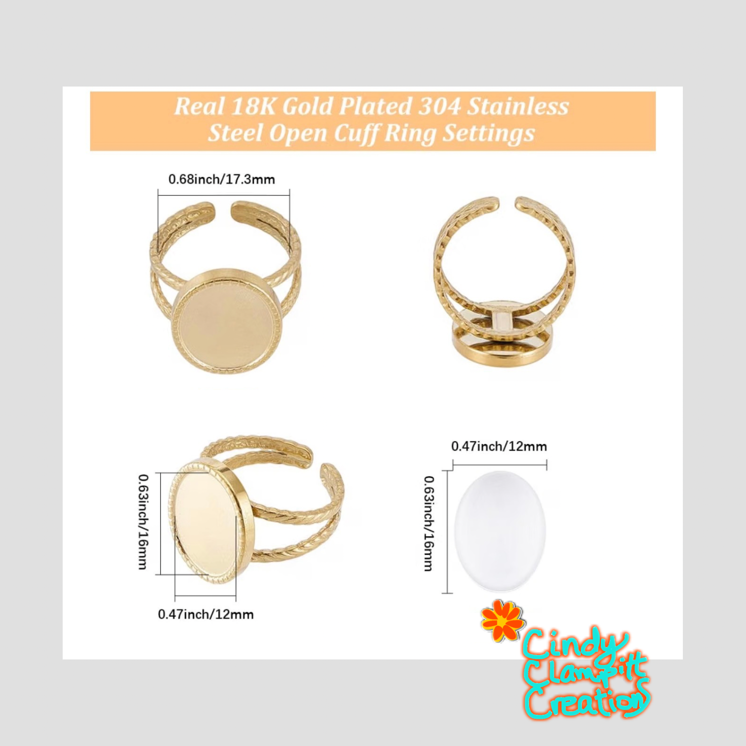 18K gold plated 304 stainless steel open cuff ring settings with 12mm x 16mm oval cabochon size diagram