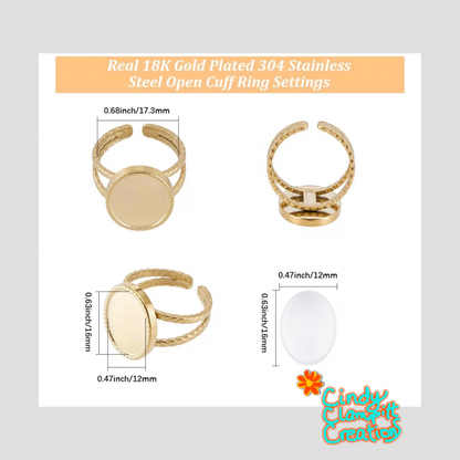18K gold plated 304 stainless steel open cuff ring settings with 12mm x 16mm oval cabochon size diagram